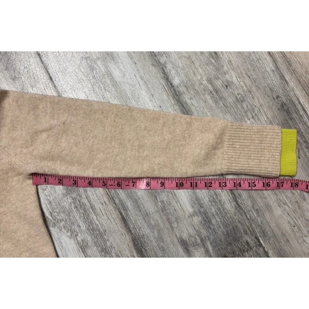 Brodie Cashmere 100% Cashmere Turtleneck Sweater Neon Lime Trim Beige Size S